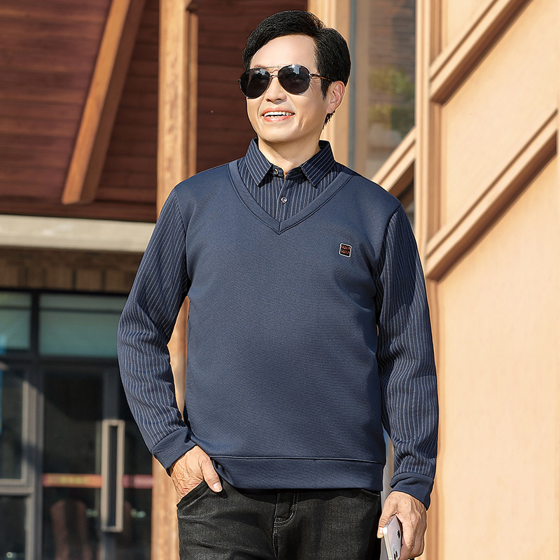 Vyrų vidinis topas su fliso pamušalu, ilgos rankovės, apykaklė tipo lapelis/polo, dryžuotas raštas, 100% poliesteris