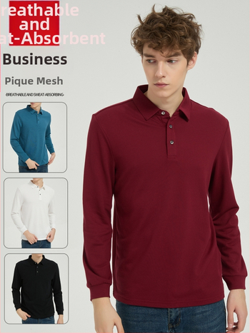 Vyrų polo marškiniai iš piqué tinklelio modalinės medvilnės, ilgomis rankovėmis, storos audinys, kvėpuojantys, drėgmę šalinantys, be lyginimo, rudens sezonui.