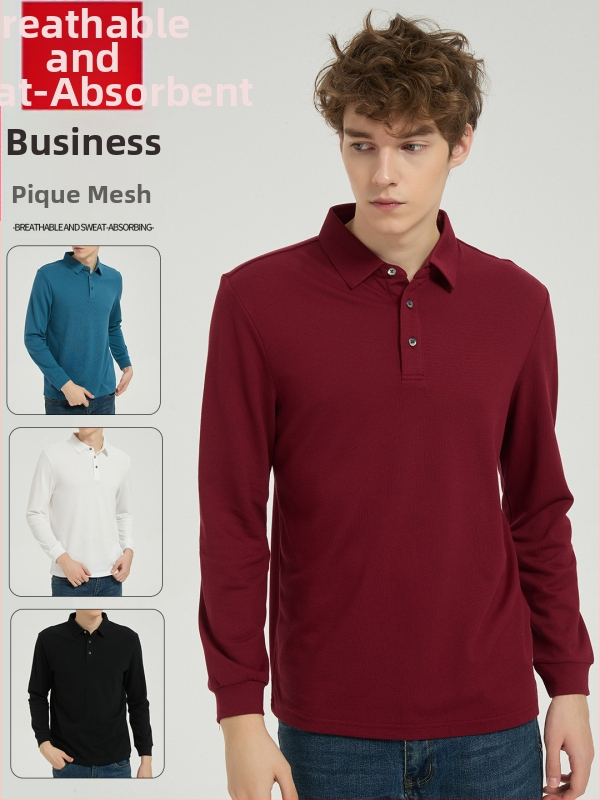 Vyrų polo marškiniai iš piqué tinklelio modalinės medvilnės, ilgomis rankovėmis, storos audinys, kvėpuojantys, drėgmę šalinantys, be lyginimo, rudens sezonui.