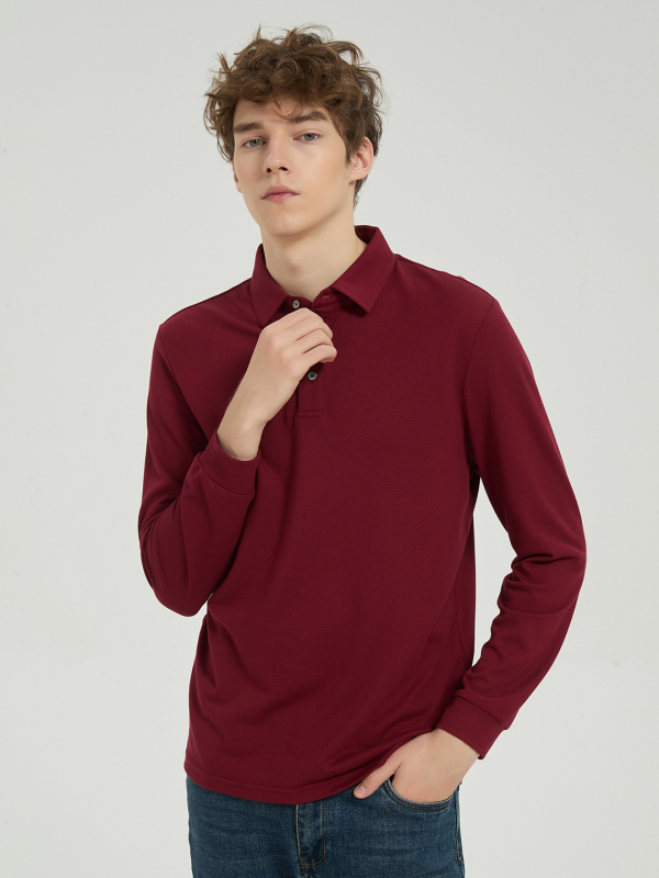 Vyrų polo marškiniai iš piqué tinklelio modalinės medvilnės, ilgomis rankovėmis, storos audinys, kvėpuojantys, drėgmę šalinantys, be lyginimo, rudens sezonui.