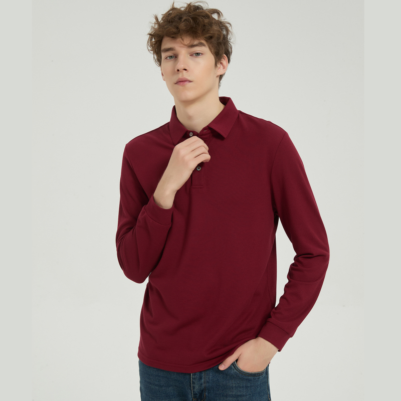Vyrų polo marškiniai iš piqué tinklelio modalinės medvilnės, ilgomis rankovėmis, storos audinys, kvėpuojantys, drėgmę šalinantys, be lyginimo, rudens sezonui.