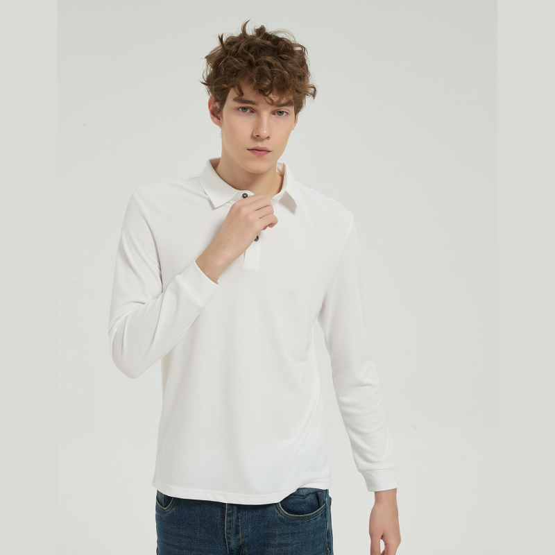 Vyrų polo marškiniai iš piqué tinklelio modalinės medvilnės, ilgomis rankovėmis, storos audinys, kvėpuojantys, drėgmę šalinantys, be lyginimo, rudens sezonui.
