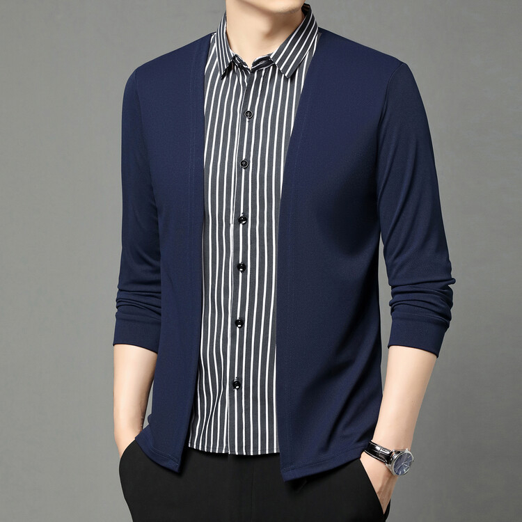 Muški pleteni top s dugim rukavima i ovratnikom, lažni dvodijelni dizajn, slobodan kroj