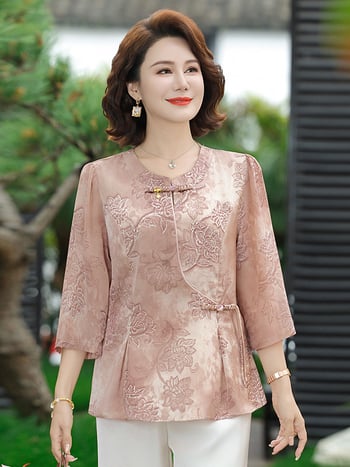 Ženska chiffon bluza u modernom kineskom stilu, opuštenog kroja, V-izrez, rukavi 3/4, otisak, svestran top