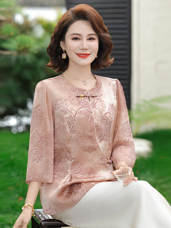 Ženska chiffon bluza u modernom kineskom stilu, opuštenog kroja, V-izrez, rukavi 3/4, otisak, svestran top