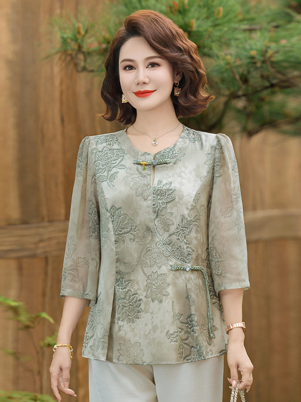 Ženska chiffon bluza u modernom kineskom stilu, opuštenog kroja, V-izrez, rukavi 3/4, otisak, svestran top
