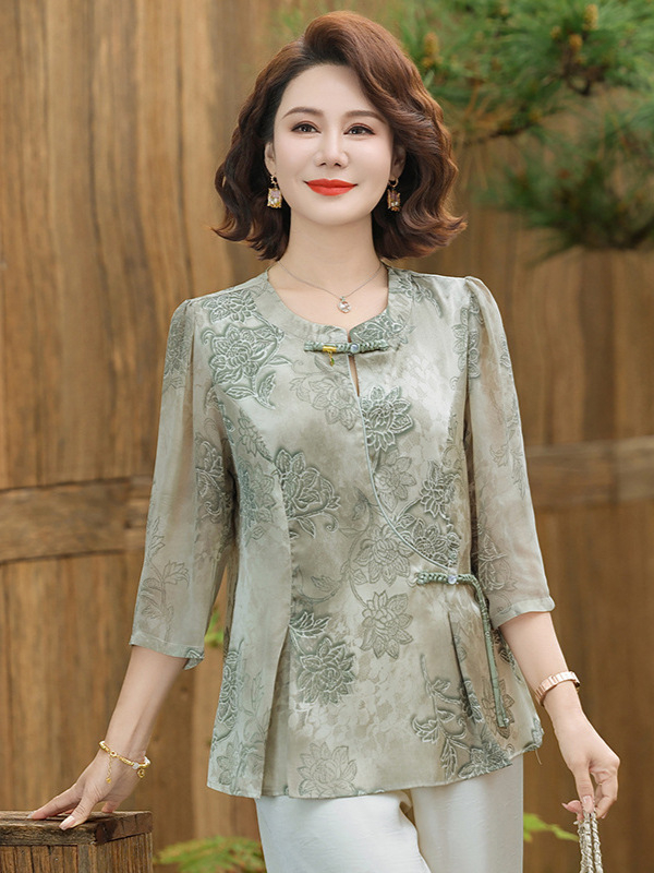 Ženska chiffon bluza u modernom kineskom stilu, opuštenog kroja, V-izrez, rukavi 3/4, otisak, svestran top