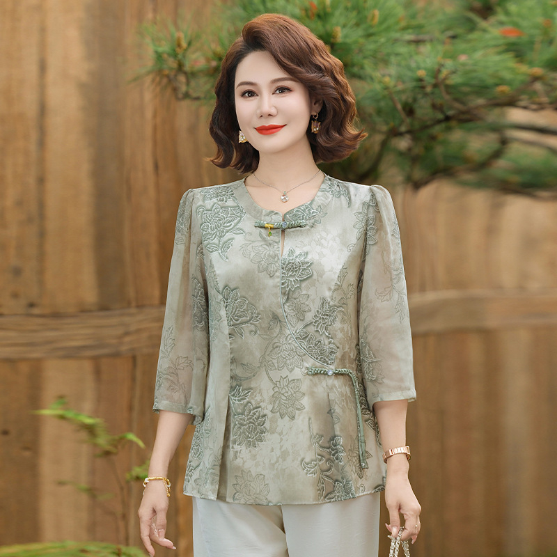 Ženska chiffon bluza u modernom kineskom stilu, opuštenog kroja, V-izrez, rukavi 3/4, otisak, svestran top