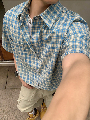 Amerikai retro kockás rövid ujjú ing, laza szabás, poliészter-keverék, vasalás nélkül