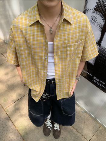 Amerikai retro kockás rövid ujjú ing, laza szabás, poliészter-keverék, vasalás nélkül