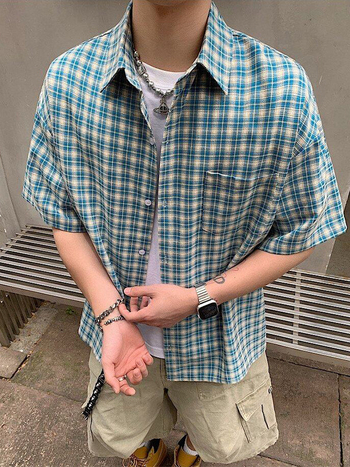 Amerikai retro kockás rövid ujjú ing, laza szabás, poliészter-keverék, vasalás nélkül