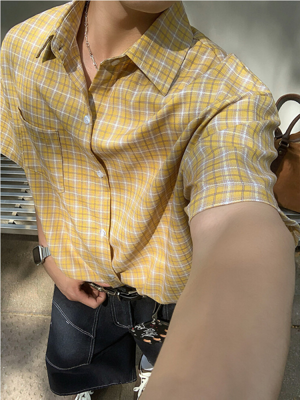 Amerikai retro kockás rövid ujjú ing, laza szabás, poliészter-keverék, vasalás nélkül