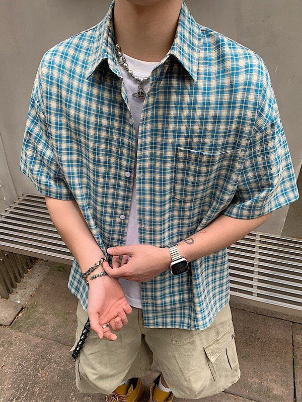 Amerikai retro kockás rövid ujjú ing, laza szabás, poliészter-keverék, vasalás nélkül