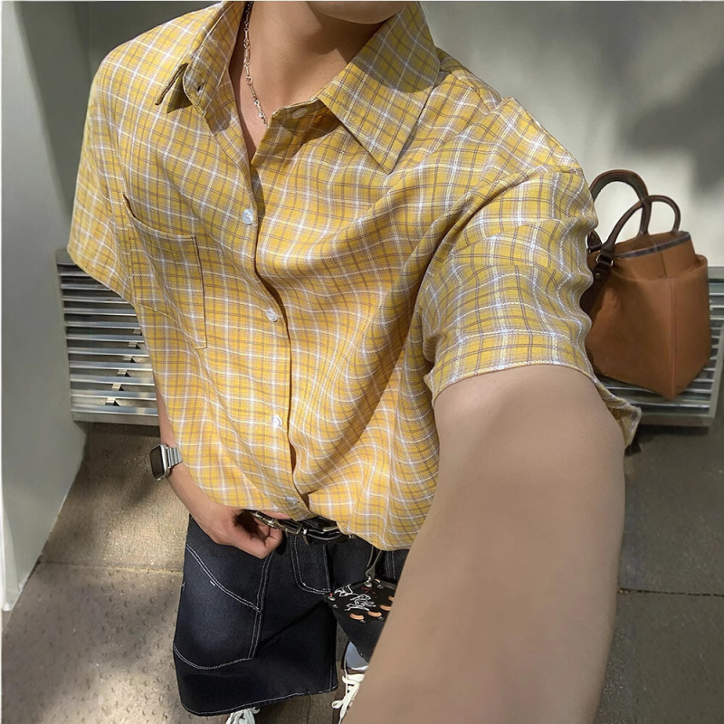 Amerikai retro kockás rövid ujjú ing, laza szabás, poliészter-keverék, vasalás nélkül