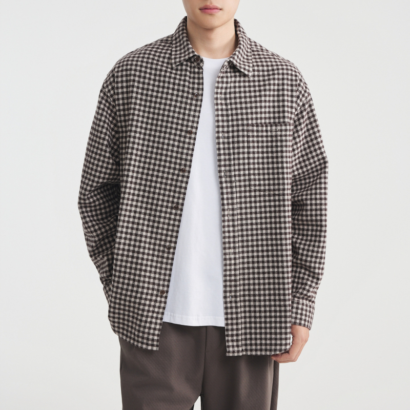 Cămașă bărbătească cu model grilă, din bumbac 100%, guler pătrat, mâneci lungi, finisaj periat