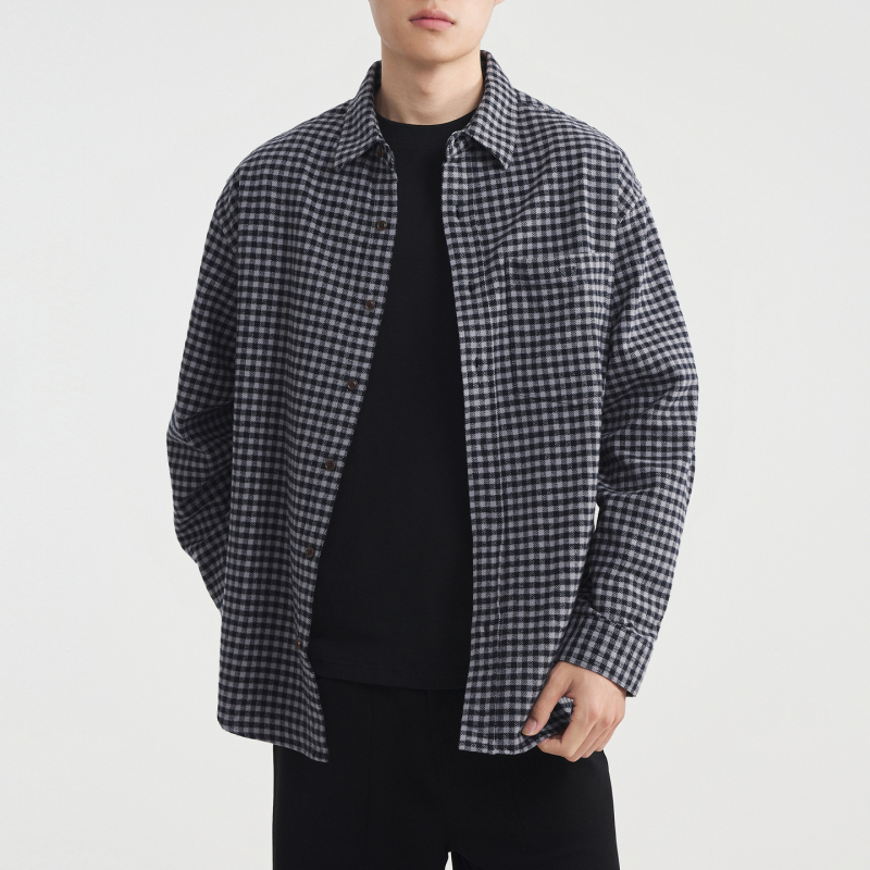 Cămașă bărbătească cu model grilă, din bumbac 100%, guler pătrat, mâneci lungi, finisaj periat