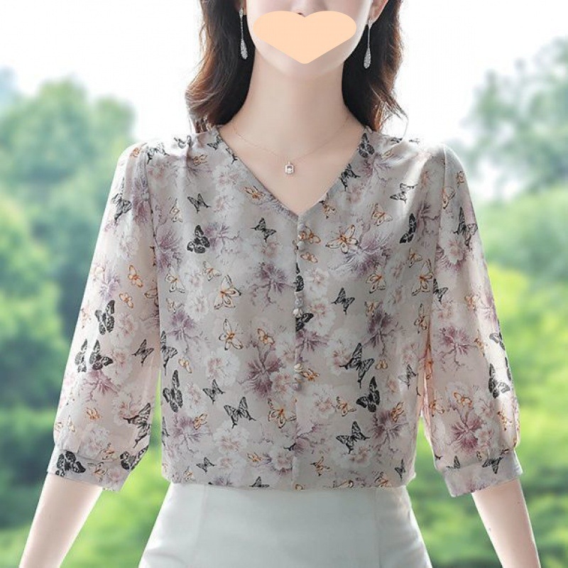 Šifonbluus V-kaeluse ja 3/4 varrukatega, materjal: 95%+ polüester, suve 2023 mudel