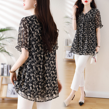 Šifoonist top V-kaelusega, vaba lõige, 3/4 varrukad, keskmise pikkusega