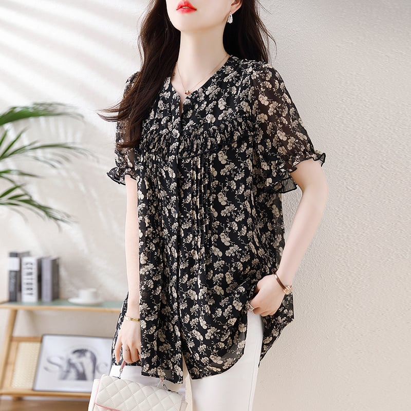 Šifoonist top V-kaelusega, vaba lõige, 3/4 varrukad, keskmise pikkusega