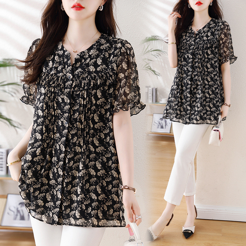 Šifoonist top V-kaelusega, vaba lõige, 3/4 varrukad, keskmise pikkusega