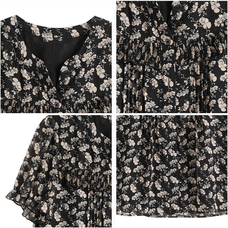 Šifoonist top V-kaelusega, vaba lõige, 3/4 varrukad, keskmise pikkusega