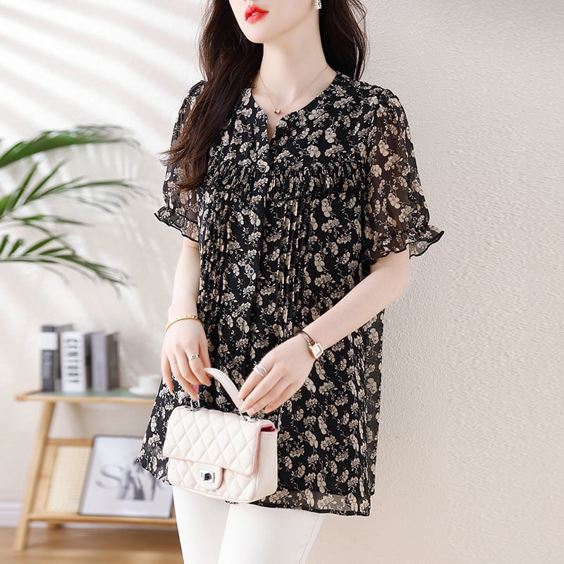 Šifoonist top V-kaelusega, vaba lõige, 3/4 varrukad, keskmise pikkusega