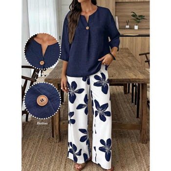 Dvojdielny voľnočasový set s V výstrihom, vzor rastlín a kvetov, viskózové vlákno so spandexom, nohavice polyester elastan, dlhé rukávy