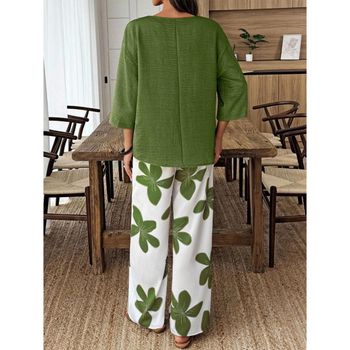 Dvojdielny voľnočasový set s V výstrihom, vzor rastlín a kvetov, viskózové vlákno so spandexom, nohavice polyester elastan, dlhé rukávy