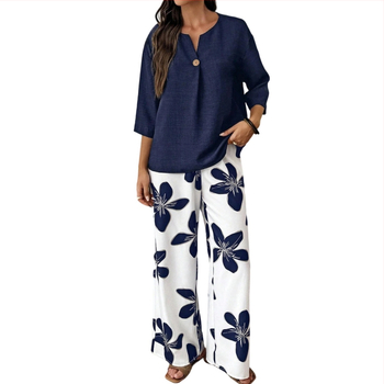 Dvojdielny voľnočasový set s V výstrihom, vzor rastlín a kvetov, viskózové vlákno so spandexom, nohavice polyester elastan, dlhé rukávy