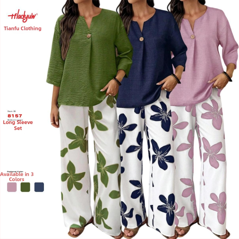 Dvojdielny voľnočasový set s V výstrihom, vzor rastlín a kvetov, viskózové vlákno so spandexom, nohavice polyester elastan, dlhé rukávy