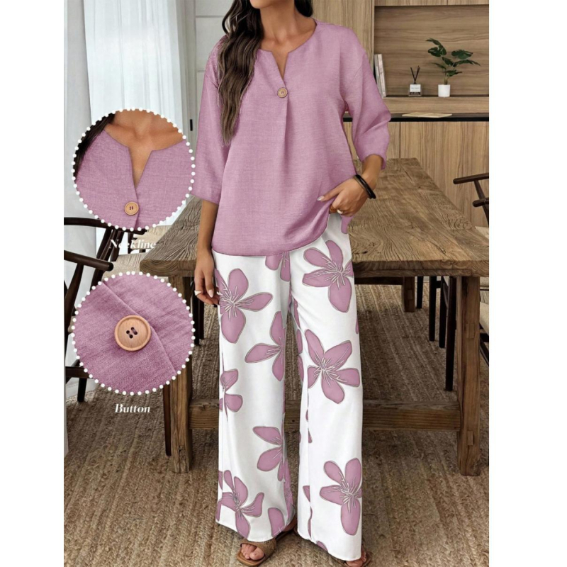 Dvojdielny voľnočasový set s V výstrihom, vzor rastlín a kvetov, viskózové vlákno so spandexom, nohavice polyester elastan, dlhé rukávy