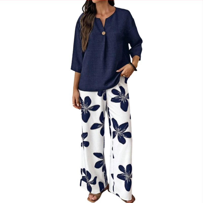 Dvojdielny voľnočasový set s V výstrihom, vzor rastlín a kvetov, viskózové vlákno so spandexom, nohavice polyester elastan, dlhé rukávy