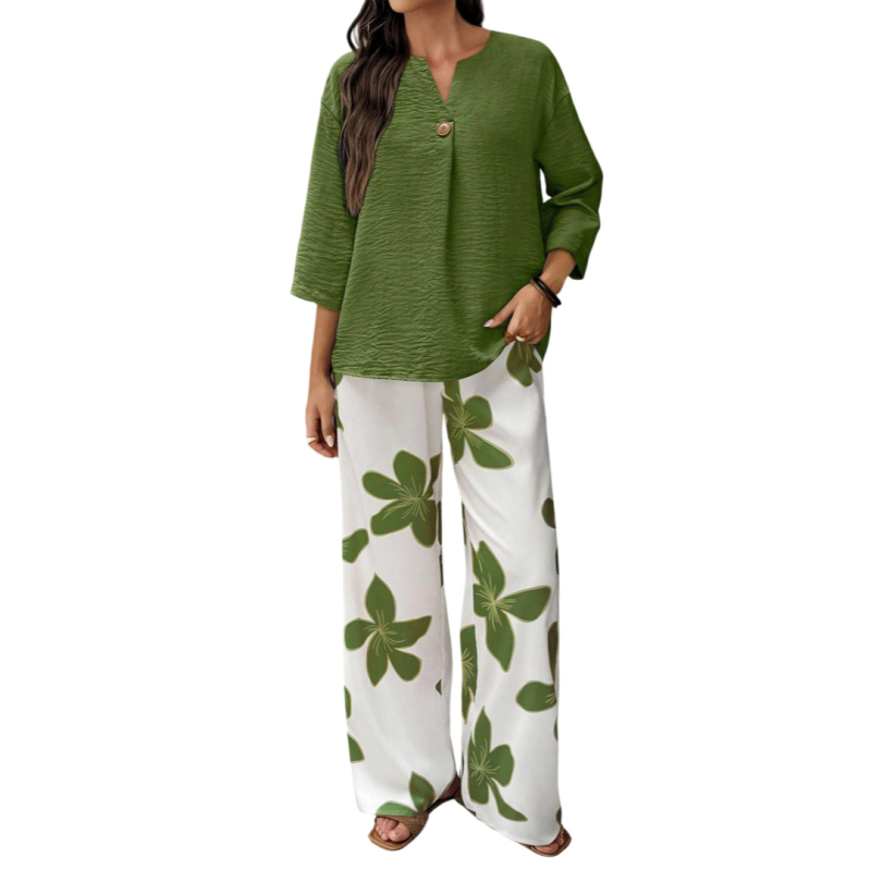 Dvojdielny voľnočasový set s V výstrihom, vzor rastlín a kvetov, viskózové vlákno so spandexom, nohavice polyester elastan, dlhé rukávy