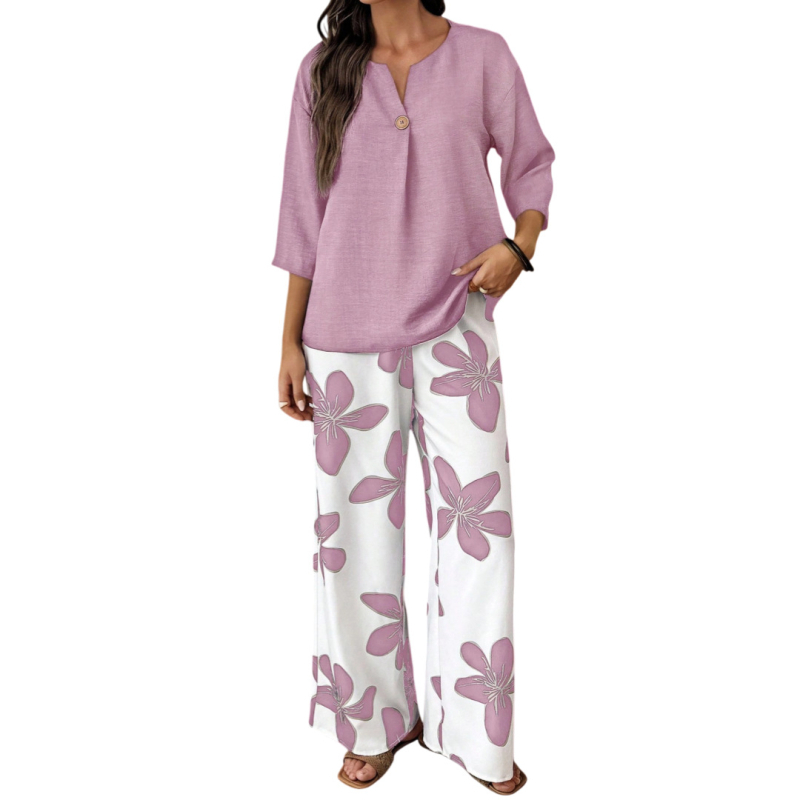 Dvojdielny voľnočasový set s V výstrihom, vzor rastlín a kvetov, viskózové vlákno so spandexom, nohavice polyester elastan, dlhé rukávy