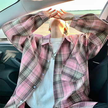 Japán stílusú kockásing álló gallérral, hosszú ujjú, laza szabású