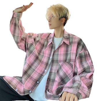 Japán stílusú kockásing álló gallérral, hosszú ujjú, laza szabású