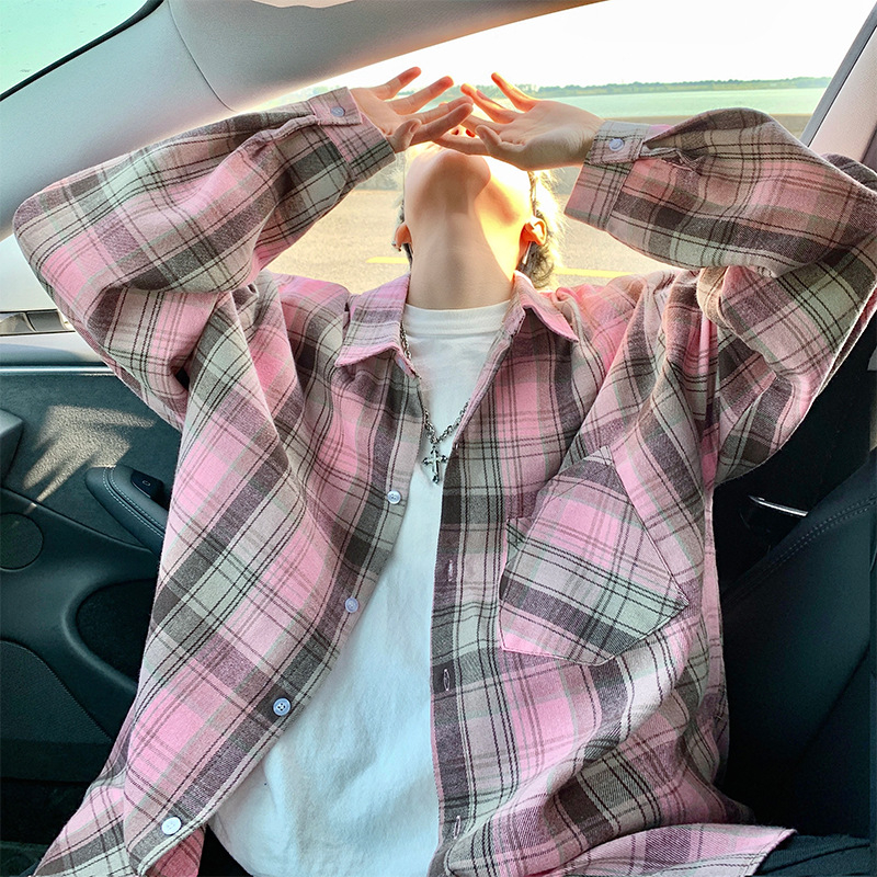 Japán stílusú kockásing álló gallérral, hosszú ujjú, laza szabású