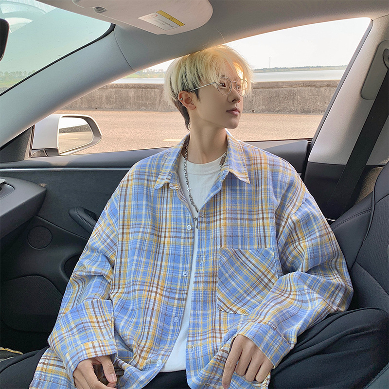 Japán stílusú kockásing álló gallérral, hosszú ujjú, laza szabású