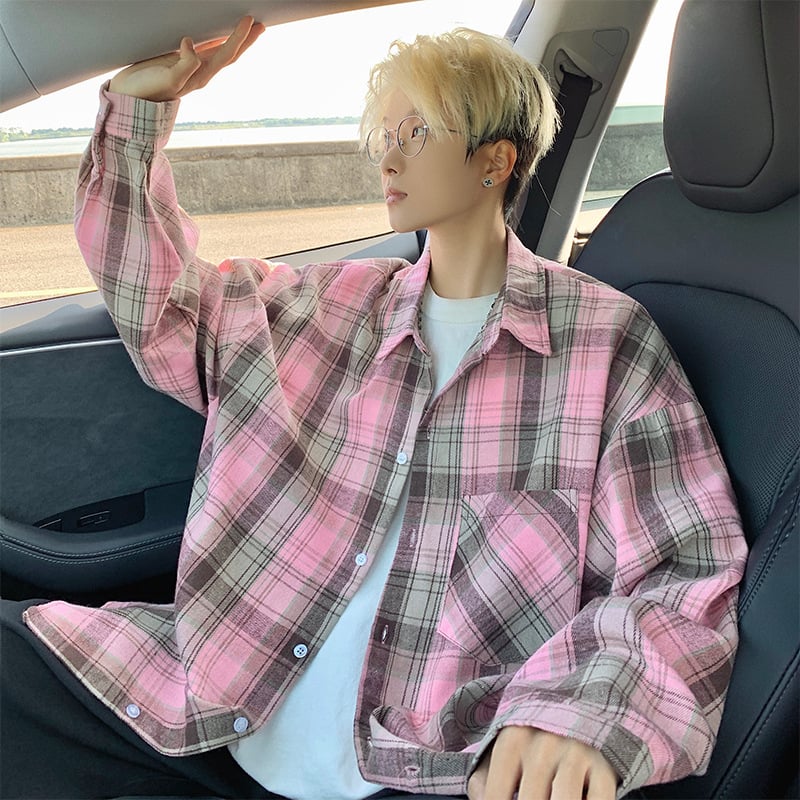 Japán stílusú kockásing álló gallérral, hosszú ujjú, laza szabású