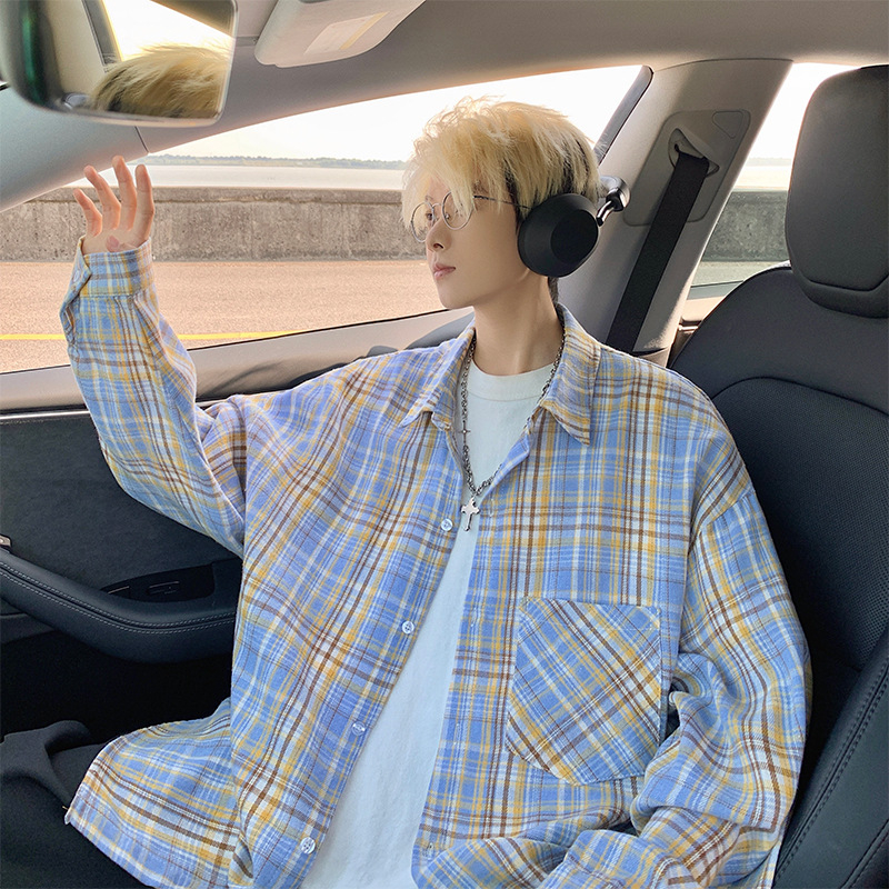 Japán stílusú kockásing álló gallérral, hosszú ujjú, laza szabású