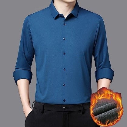 Férfi hosszú ujjú ing fleece-béléssel, vastag anyagú, négyszögletes gallér, egyszínű