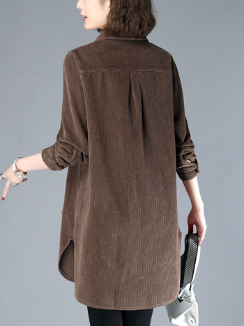 Cămașă corduroy pentru femei cu mâneci lungi, amestec din bumbac-viscoză, croială lejeră, guler rever, lungime medie