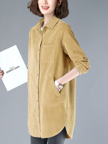Cămașă corduroy pentru femei cu mâneci lungi, amestec din bumbac-viscoză, croială lejeră, guler rever, lungime medie