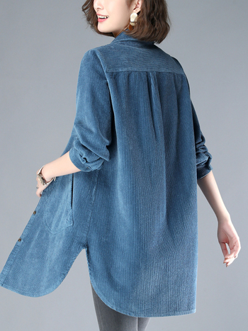 Cămașă corduroy pentru femei cu mâneci lungi, amestec din bumbac-viscoză, croială lejeră, guler rever, lungime medie