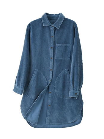 Cămașă corduroy pentru femei cu mâneci lungi, amestec din bumbac-viscoză, croială lejeră, guler rever, lungime medie