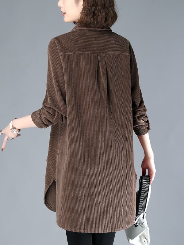 Cămașă corduroy pentru femei cu mâneci lungi, amestec din bumbac-viscoză, croială lejeră, guler rever, lungime medie