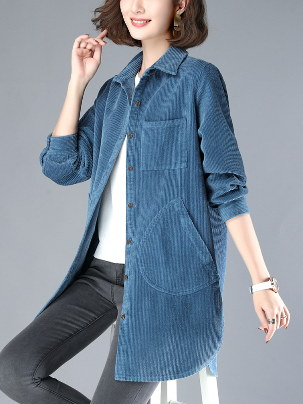Cămașă corduroy pentru femei cu mâneci lungi, amestec din bumbac-viscoză, croială lejeră, guler rever, lungime medie