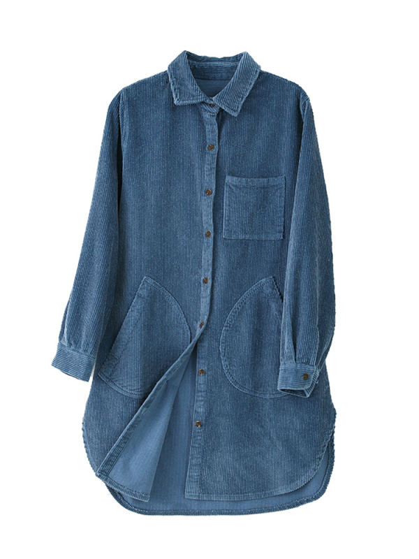 Cămașă corduroy pentru femei cu mâneci lungi, amestec din bumbac-viscoză, croială lejeră, guler rever, lungime medie