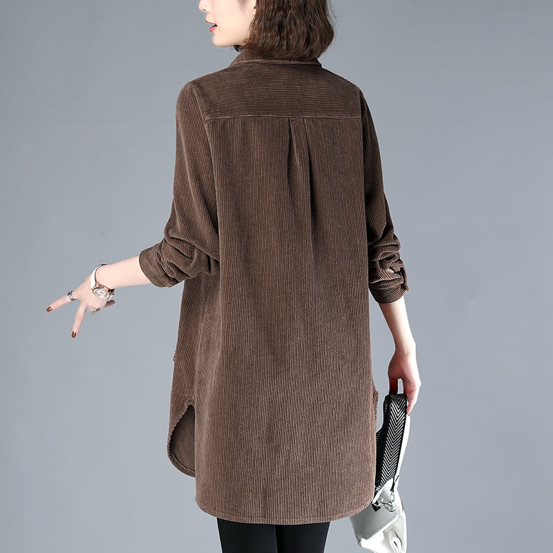 Cămașă corduroy pentru femei cu mâneci lungi, amestec din bumbac-viscoză, croială lejeră, guler rever, lungime medie