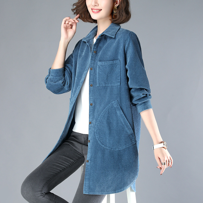 Cămașă corduroy pentru femei cu mâneci lungi, amestec din bumbac-viscoză, croială lejeră, guler rever, lungime medie